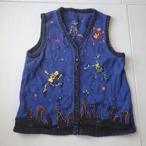 Vintage Sweater Vest Women Small Blue Halloween Skeleton Embroidered Sequin Knit